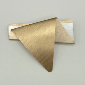 Vintage Modernist Brooch Brushed Brass Silver Tone Folded Metal Pin